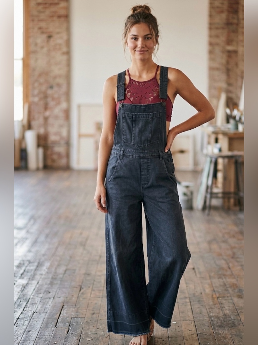 We The Free Charcoal Wash Wide-Leg Denim Overalls